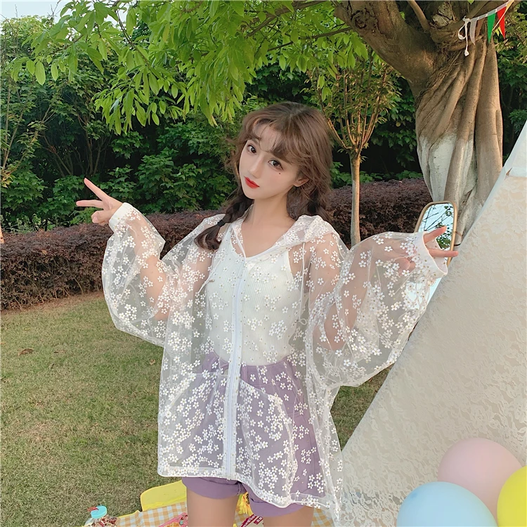 YUANYUANJYCO summer mesh thin woman jacket zipper hooded long sleeve baggy loose fashion white floral jackets for women coats