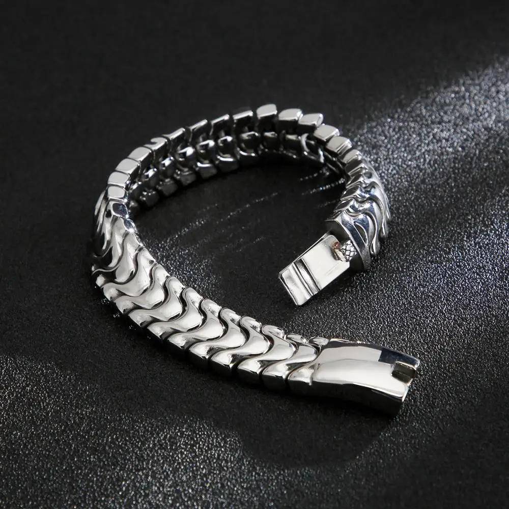 Fongten Silver Color Shiny Men Bracelet Stainless Steel Bone Chain Bangle Bracelets For Men Charm Jewelry Christmas Gifts