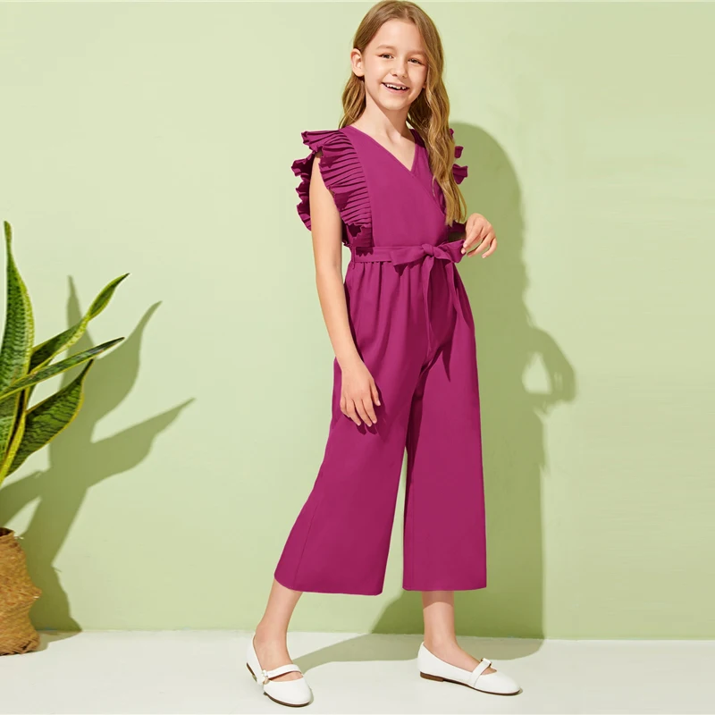 SHEIN Kiddie, v-образный вырез, плиссированные проймы, для отдыха, с поясом, комбинезоны для девочек,, летние, без рукавов, с оборками, широкие, Комбинезоны