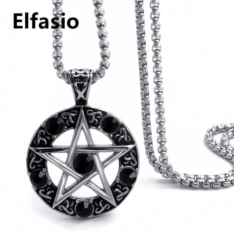 Elfasio Celtic Wicca Pentagram Star Men Women Stainless Steel Necklace Blue/Red/Black/White/Purple Amulet Pendant Chain 5