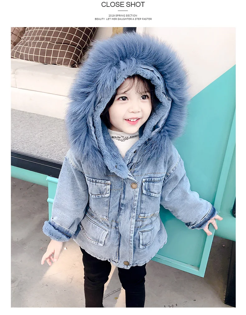 Winter Baby Girls Denim Jacket Plus Velvet Real Fur Warm Toddler 2 Colors Girls Outerwear Coat 2-7 Years Kids Thicken Parka Coat