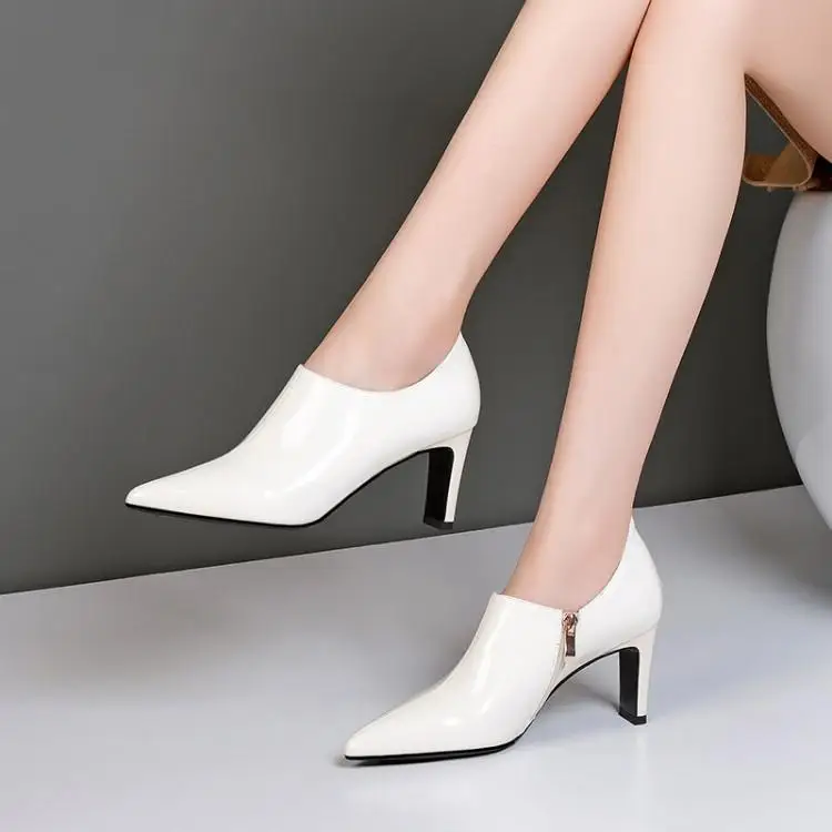 

leather deep-necked women's single shoes with pointed side zipper color matching and 7.5cm leather for bare boot head layer