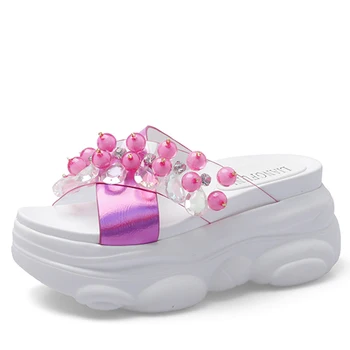 

2020 New Slippers Woman Pearl Bear Thick Sole Transparent Summer Slippers Wedges Slides Platform Heels Shoes Woman