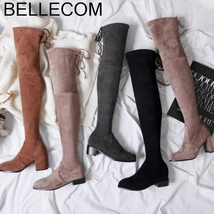 

BELLECOM Winter New Women's women sock high heel black Boots Leather Coarse-heeled High-heeled Boots botas mujer woman shoes