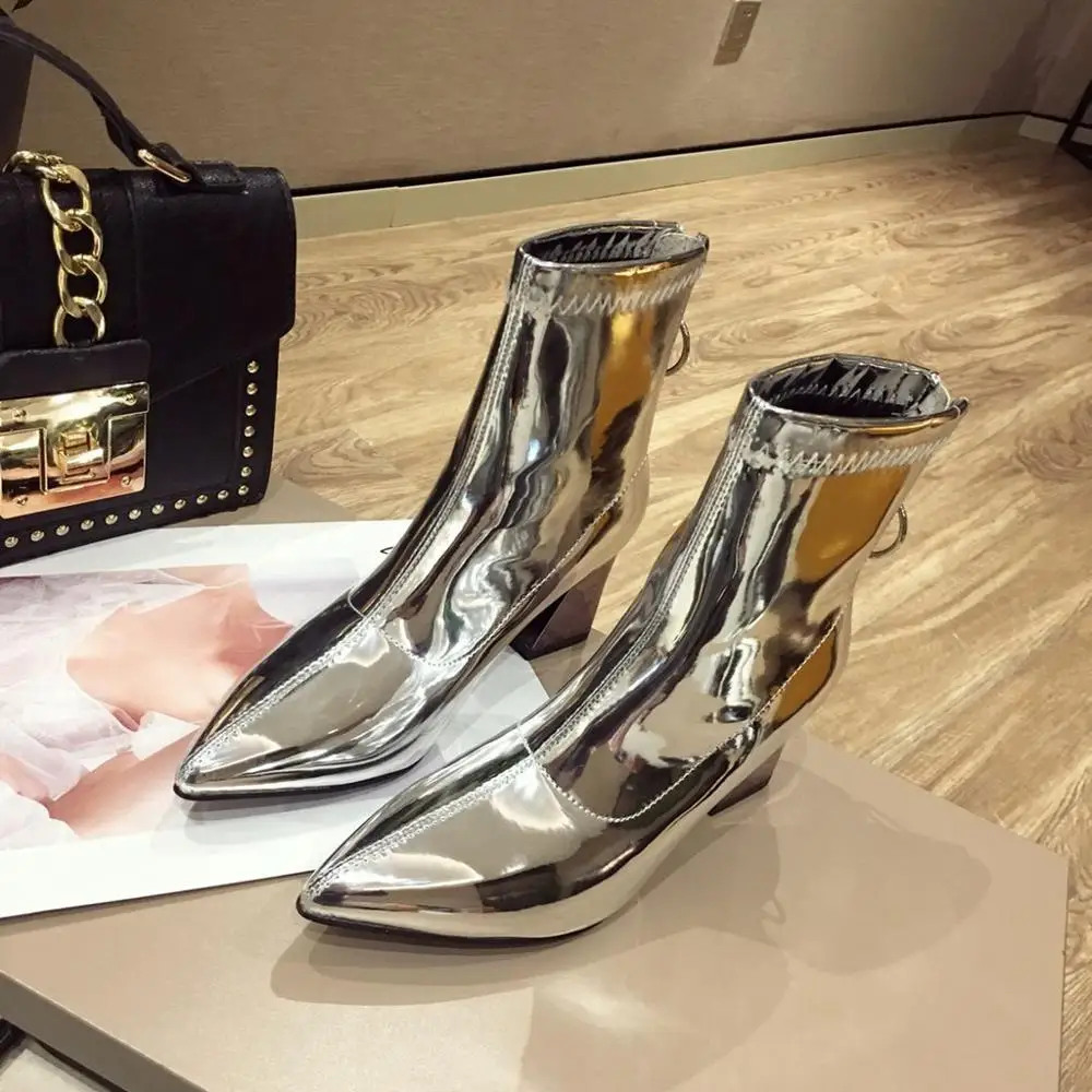 

Black Silver Patent Leather Women's Boots Fashion Pointed Toe Chunky High Heels Women Ankle Boots Shoes Woman Chelsea Boots