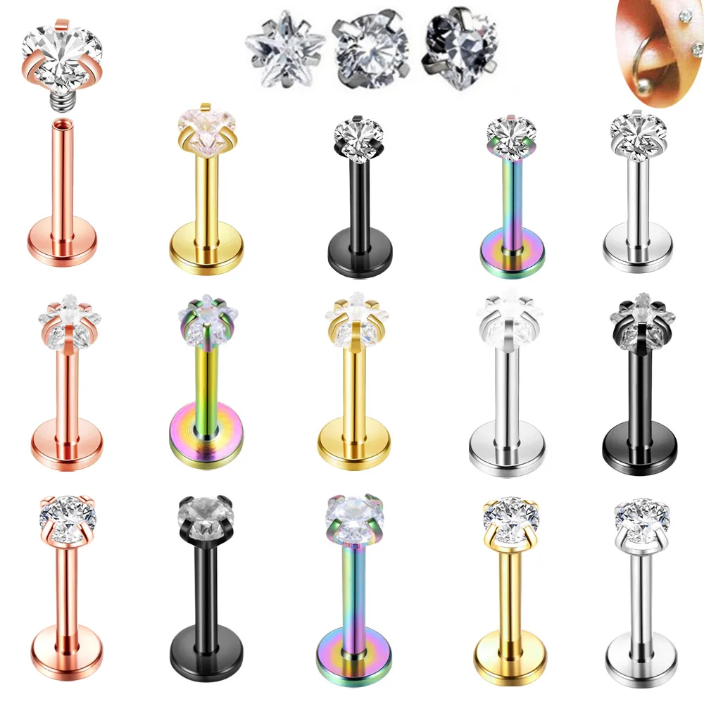 

1PC Steel Crystal Labret Monore Rings Lip Piercings Heart Star Orelha Cartilage Ear Helix Stud Tragus Barbell Piercings Jewelry