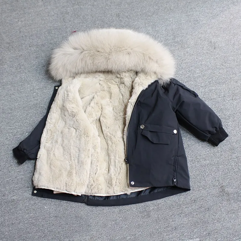 black khaki fur Для маленьких мальчиков детская зимняя куртка, детская куртка-пуховик для девочек зимняя куртка для детей в Зимняя куртка для девочек и мальчиков детские линией натурального меха кролика, парка, пальто - Цвет: black khaki fur