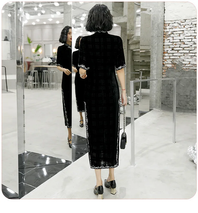 Sheng Coco черный бархат Cheongsam одежда с длинным рукавом женское традиционное китайское платье Вечерние платья Вечернее решетчатое длинное Qipao