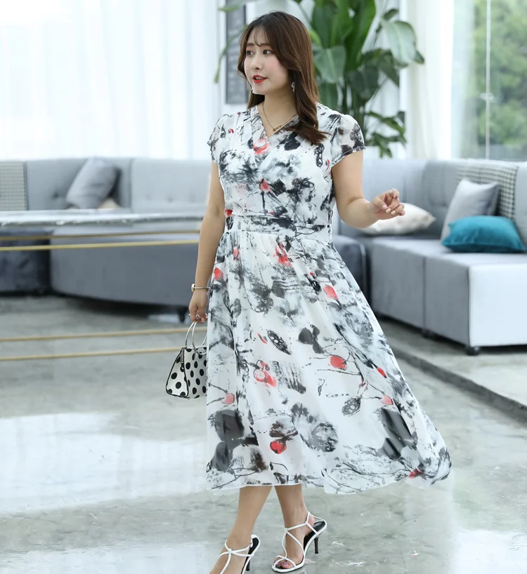 

4XL To 8XL Oversized Dresses Woman Clothes High Waist Slim A-line Print Long Summer Dress for Women Robes T5833