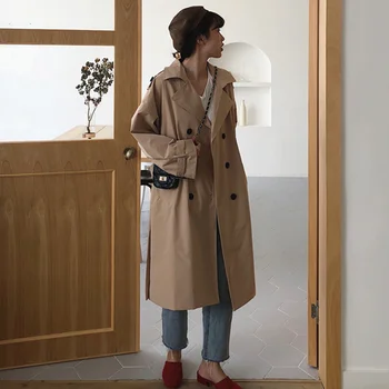 

Autumn Winter Women's Coat Khaki Belt Long Trench Turn-Down Collar Double Breasted Female Casual Office Lady Outwear