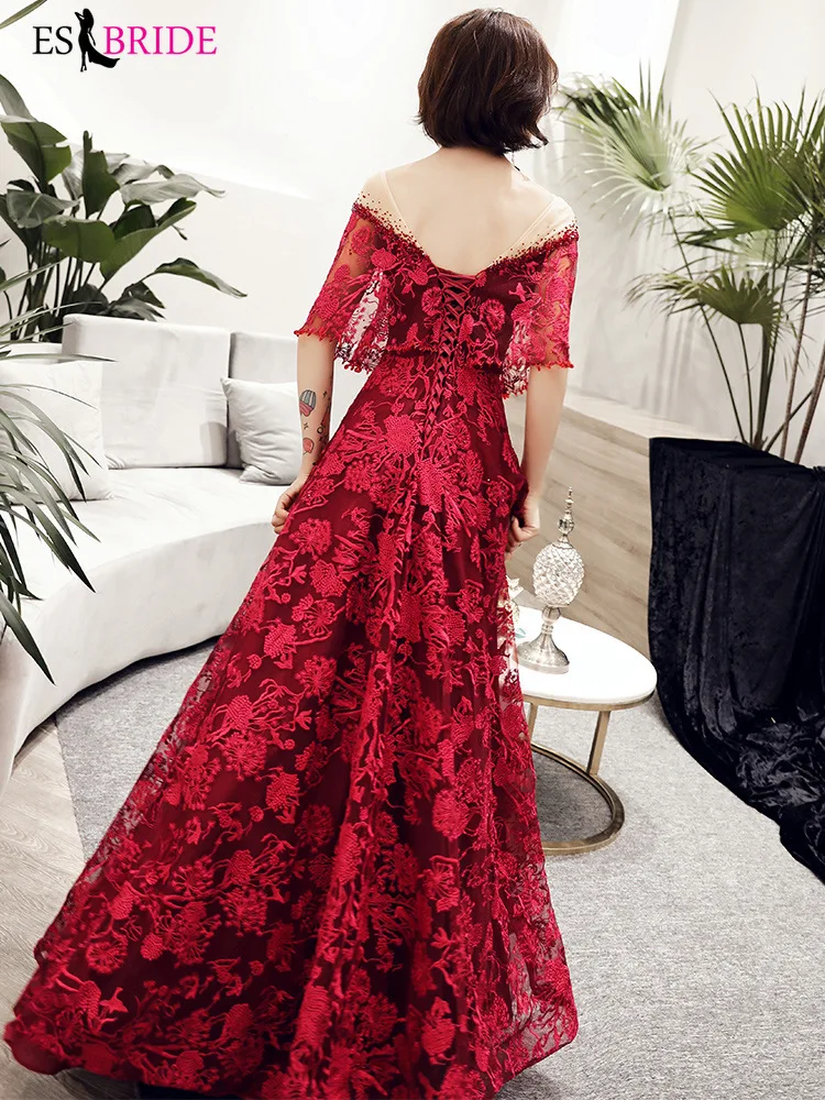 Красные кружевные аппликации Vestidos De Fiesta De Noche Сексуальные вечерние платья с открытой спиной длинное элегантное вечернее платье Robe De Soiree ES1952