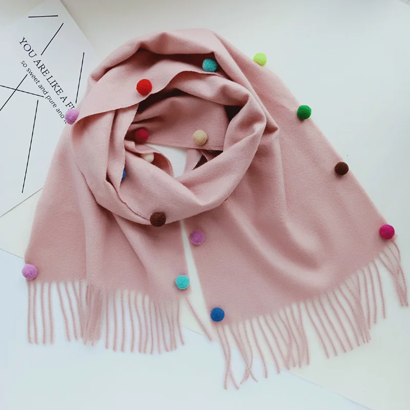 pink 10 цветов, зимний кашемировый шарф унисекс с большими кисточками для детей, теплые шарфы для мальчиков и девочек, мягкие шарфы на ощупь - Цвет: pink