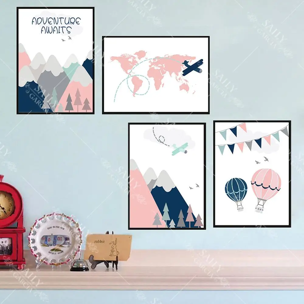Cartoon Pink Blue Hot Air Balloon Wall Art Canvas Poster Painting Nursery Posters And Prints Babi Nordic Baby Room Decor | Дом и сад
