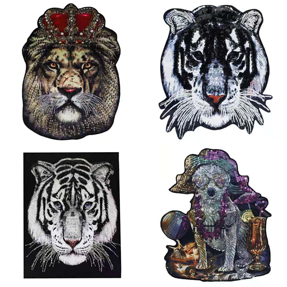 

Big Lion King Head Beaded Tiger Bull dog Patches Sequin Motifs Large Fabric Animal Patch Sew on Big T-shirt Jacket Sweater