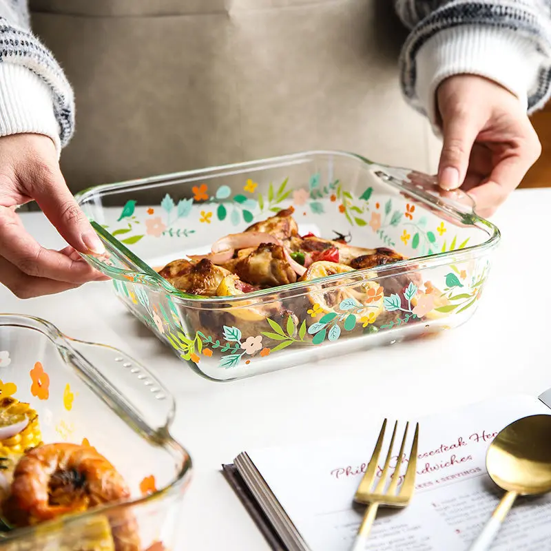 

High Temperature Resistant Glass Baking Tray Microwave Oven Tray Binaural Salad Tray Dinner Set Plates and Dishes Dinnerware