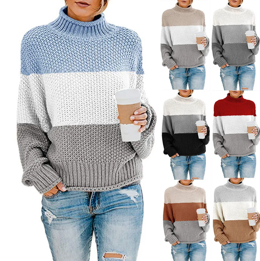 

Women Sweater Autumn 2020 New Fashion Long Sleeve High Neck Splicing Hedging Knitting Lady Sweater