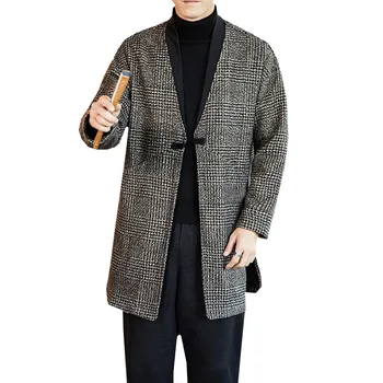 

Chinese style jacket Medium-Long section of large size M-5XL plaid spring autumn single buckle loose windbreaker