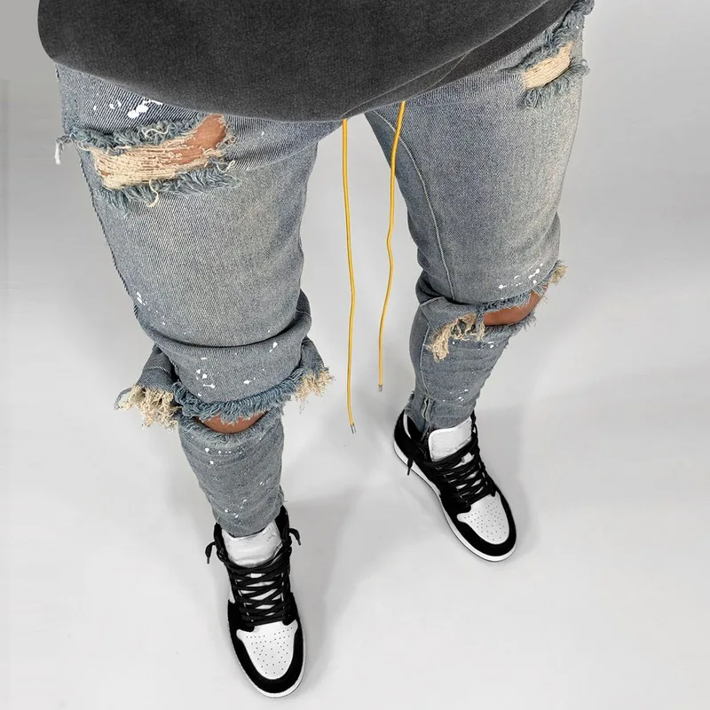 

CYSINCOS Men Summer Destroyed Ripped Jeans Hip-hop High Street Broken Hole Skinny Biker Slim Jeans Vintage Stretchy Pants Homme