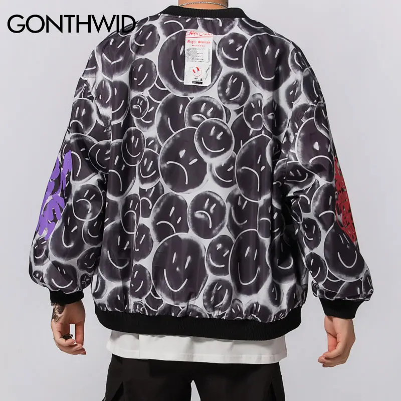 Gonthwid Graffiti Smile Face Print Daisy Patchwork Bomber Jackets Streetwear Hip Hop Casual Baseball Jacket Hipster Coats Tops Jackets Aliexpress