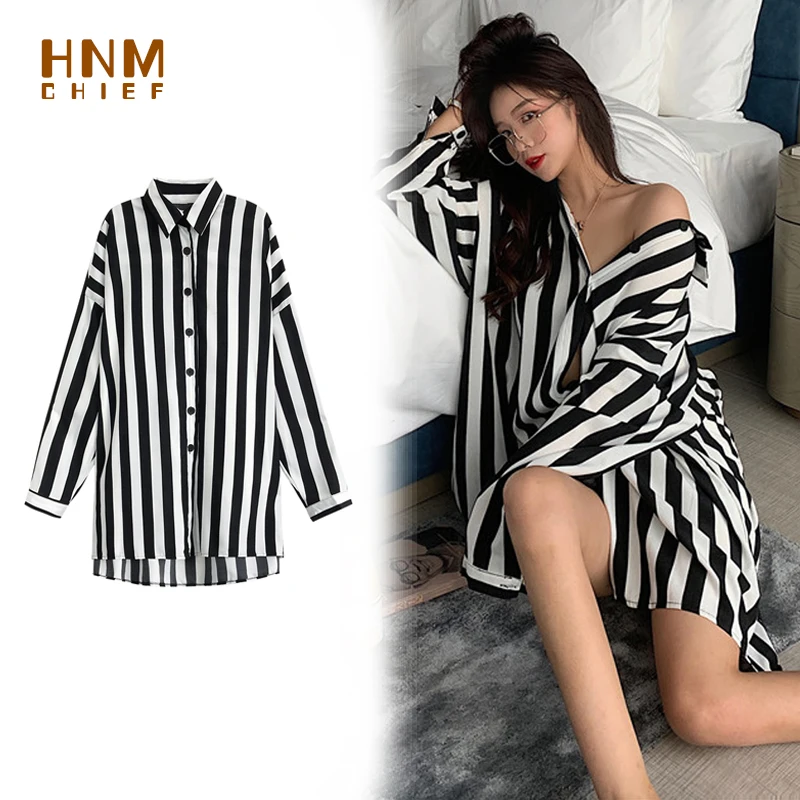 

HNMCHIEF Black Striped Sleepshirt 2020 Summer Autumn Silk Womens Sleepwear Sexy Long Nightgown Shirt Girl Outwear Nightdress