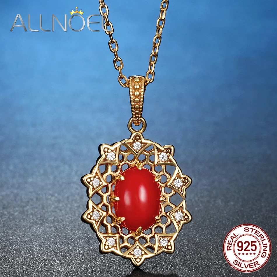 ALLNOEL, 925 пробы, серебряный, красный коралловый самоцвет, ожерелье, винтажное дизайнерское ювелирное изделие, полый позолоченный зимний орнамент, теплый подарок