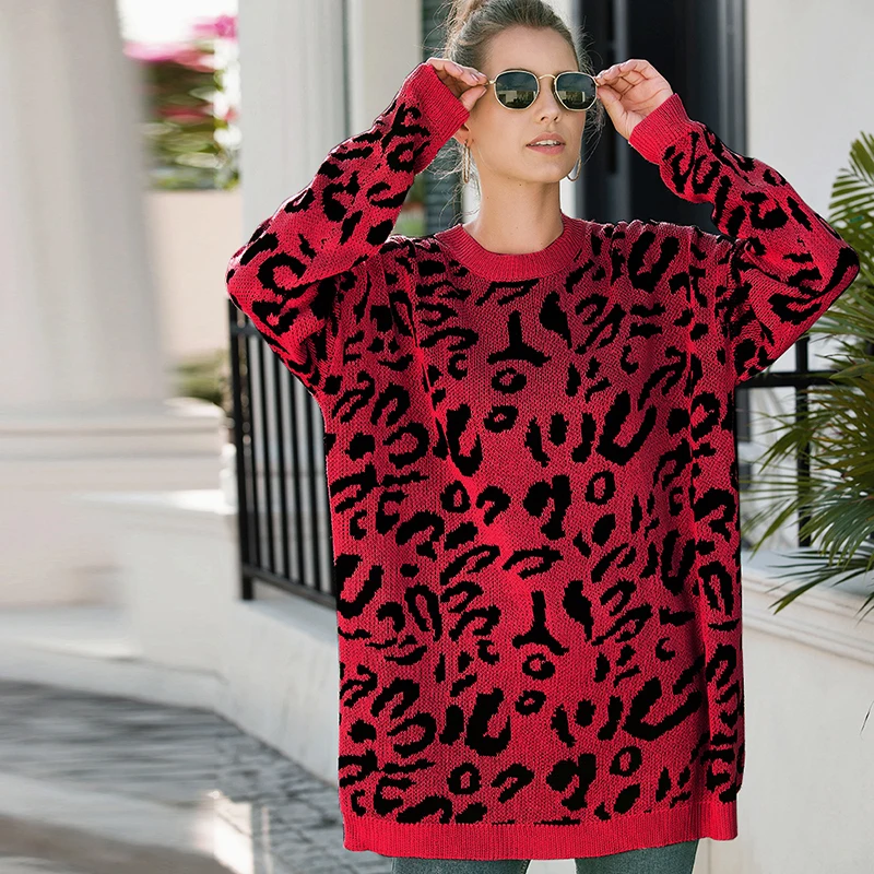 TWOTWINSTYLE вязаный Леопардовый женский свитер с круглым вырезом и длинными рукавами пуловеры повседневные осенние свитера женские новые модные
