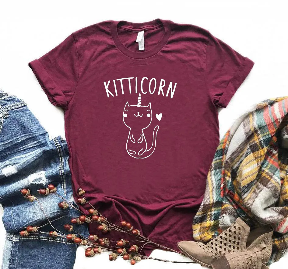 KITTICORN, котенок, единорог, кошка, принт, женская футболка, повседневная, хлопок, хипстер, забавная футболка для девочек, топ, футболка, 6 цветов, Прямая поставка, BA-53