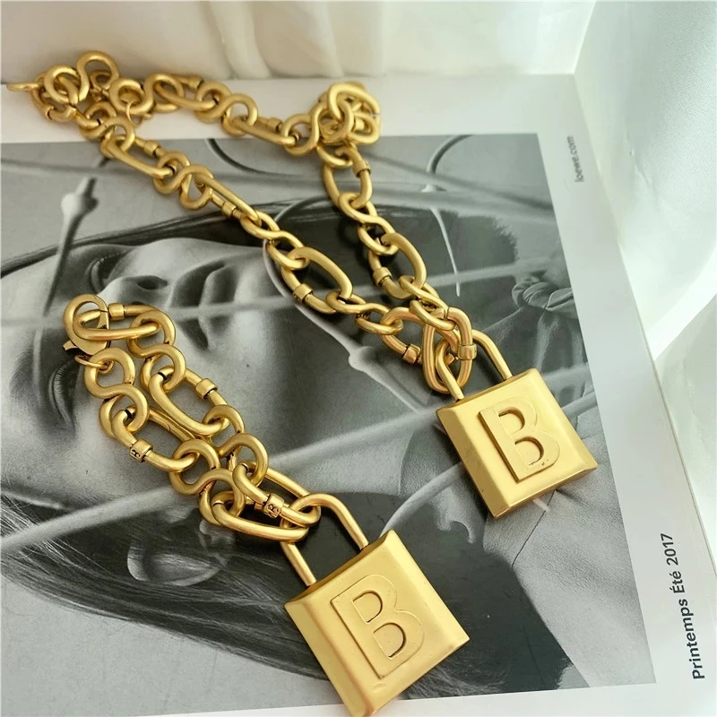 Vintage Chunky Metal Thick Chain Necklace Geometric Letter B