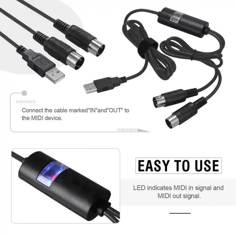 2 метра USB до MIDI кабель Электрический пианино барабан гитары музыка компилировать Интерфейс Кабель-адаптер конвертер Поддержка Windows/Mac OS