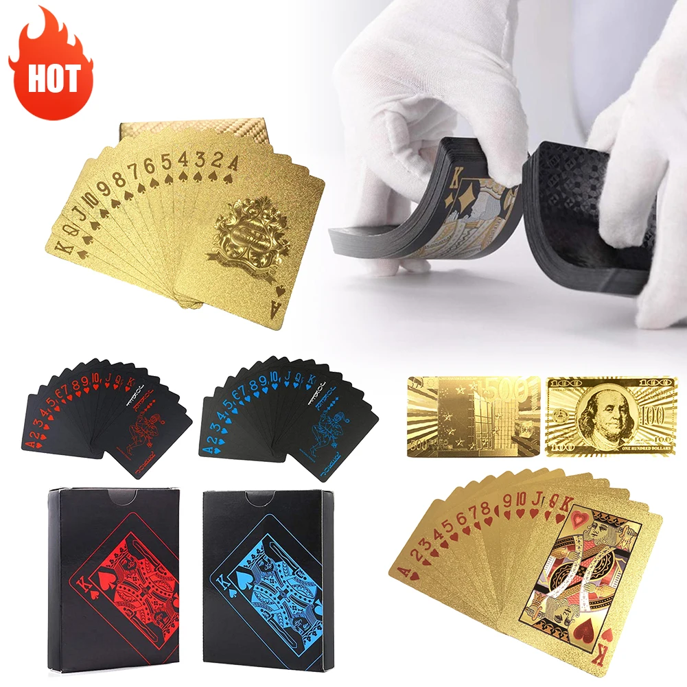 Naipes de oro para jugar conjunto impermeable de plástico de PVC de Color negro Poker juegos de cartas trucos de magia de póquer de la Caja creativa de lleno de 54 hojas/Set