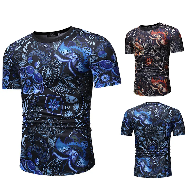 

2019 Summer Men'S Wear New Style Short Sleeve Ouma Youth Men Crew Neck Flower T-shirt MEN'S Top