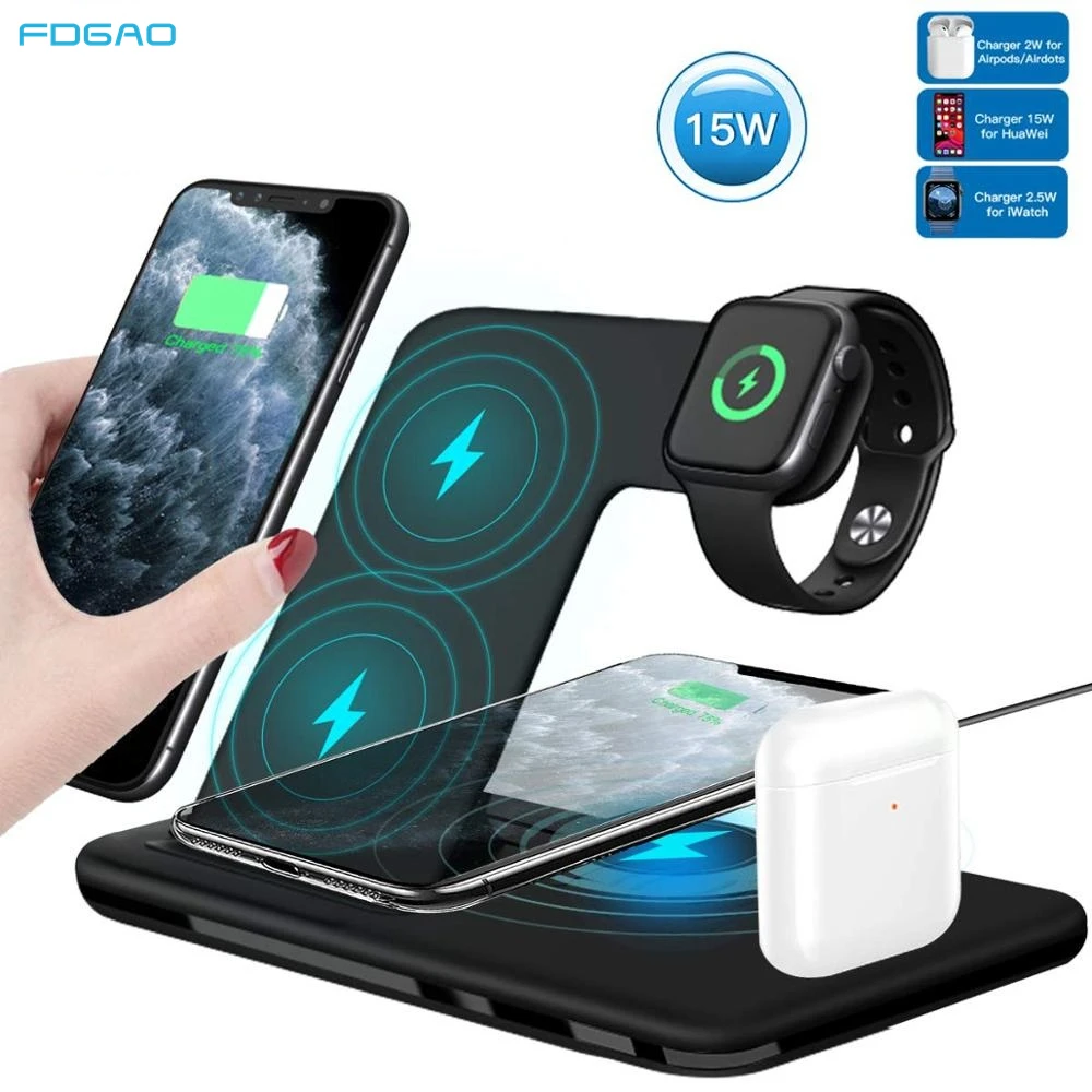4 in 1 15W Wireless Charger Station For Apple Watch SE 6 5 4 3 2 Airpods Qi Phone Stand For iPhone 12 11 XR XS X Samsung S21 S20