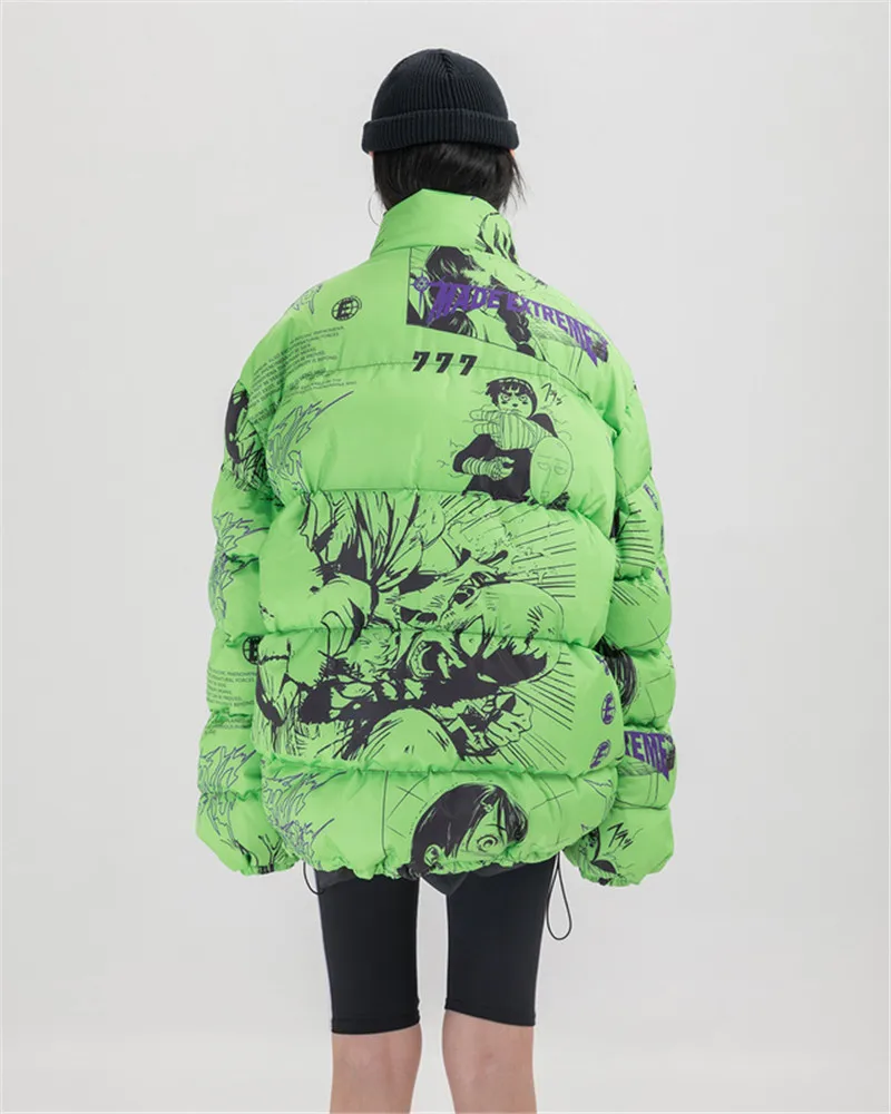 Winter Thick Anime Graffiti Pattern Parka Coats Mandarin Character Print Zipper Jacket Men Hip Hop Swag Outer Upper Green/Black