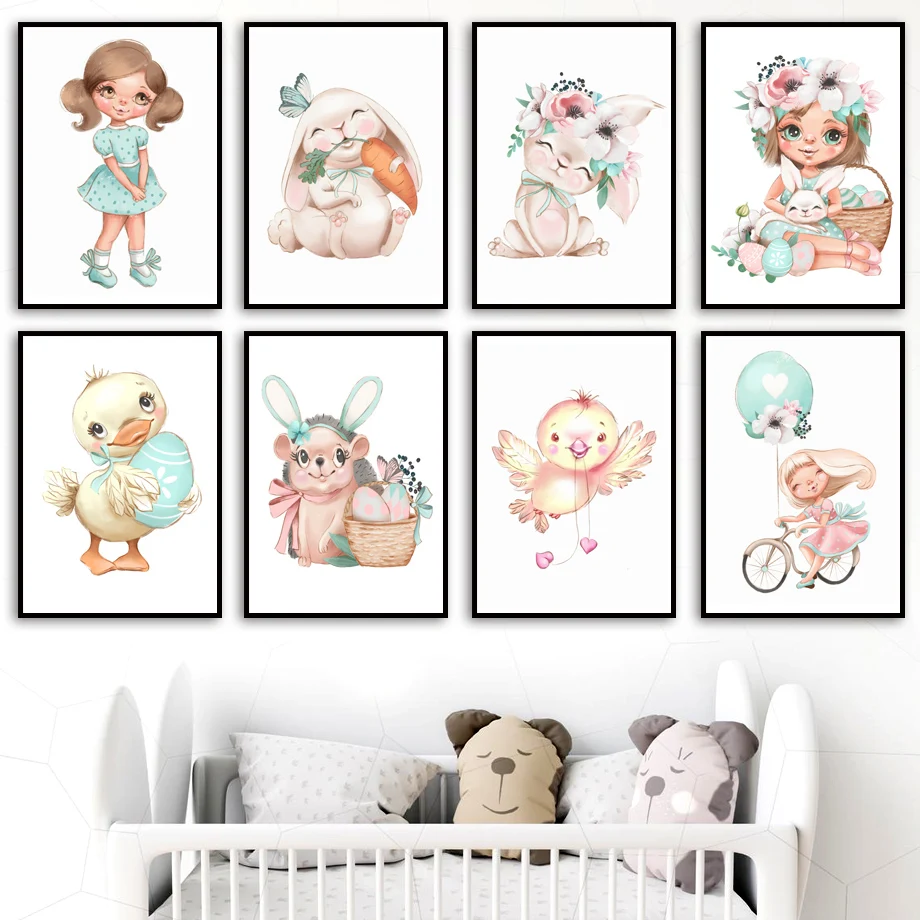 Easter-Eggs-Bunny-Duckling-Girl-Flowers-Nordic-Posters-And-Prints-Wall-Art-Canvas-Painting-Wall-Pictures (2)