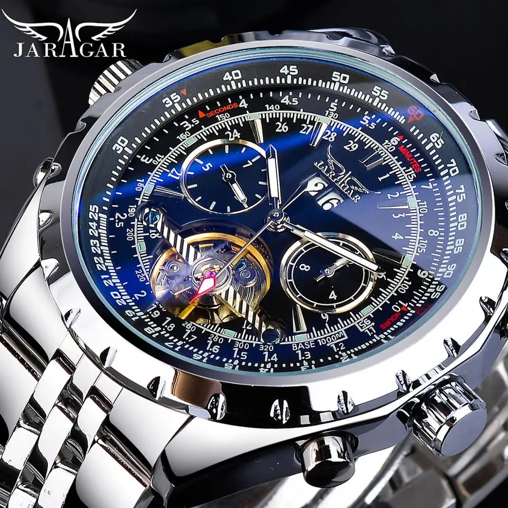 Jaragar Nero degli uomini Tourbillon Orologio Automatico Grande Quadrante  Luminoso Data Display Cinturino In Acciaio di Steampunk Meccanico  Relogio|Mechanical Watches| - AliExpress