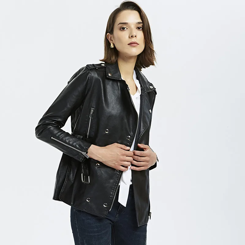 

Autumn Black Slim Long Faux Female Leather Jacket Fashion Zipper Belt Biker Motorcycle Jacket Women Leather PU Coat Ladies