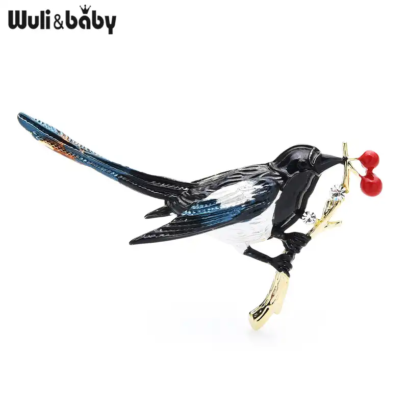 Wuli ベビー21エナメルカササギ鳥女性高級ファッションブローチデザイナージュエリーギフトluckly鳥 ブローチ Aliexpress