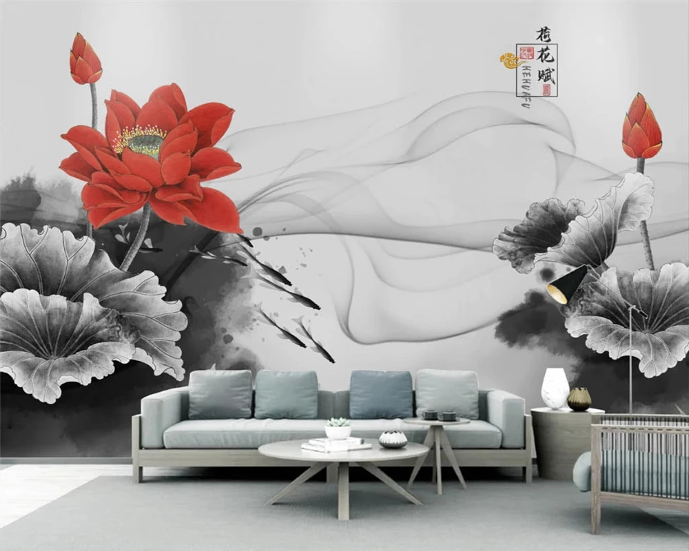 beibehang Customized modern personality wall paper new Chinese style smoke ink red lotus background papel de parede wallpaper heart sutra copybooks chinese character buddhist scriptures exercise book pastel rice paper papel de arroz para decoupage