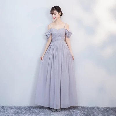1833 long gray. Розовое шифоновое длинное платье подружки невесты размера плюс, элегантное женское платье из тюля для свадебной вечеринки, сексуальное платье для выпускного вечера, Клубное синее длинное простое платье - Цвет: 1833 long gray.