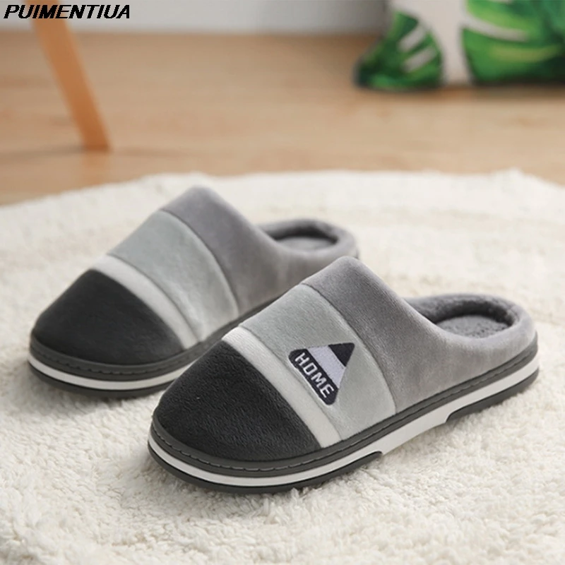 PUIMENTIUA-Zapatillas calientes a rayas para hombre, zapatos antideslizantes de invierno para casa y dormitorio, de algodón cálido para invierno