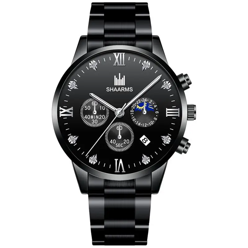 

2019 Luxury Men Diamond Black Watch Stainless Steel Band Roman Number Quartz Watches Fashion Male Business Wristwatch Reloj