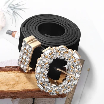 Cinturon-Cinturón de cuero negro con diamantes de imitación para mujer, cinturón de cuero negro con cadena dorada