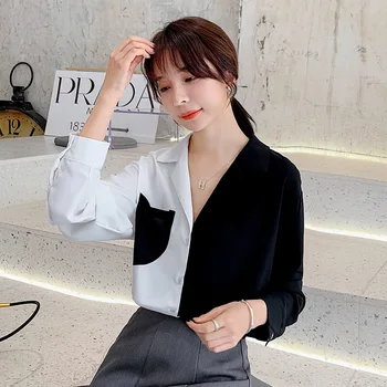 

2020 Spring New Style Chiffon Blouse Tops Joint Contrast Color Long-sleeved Shirt Women's