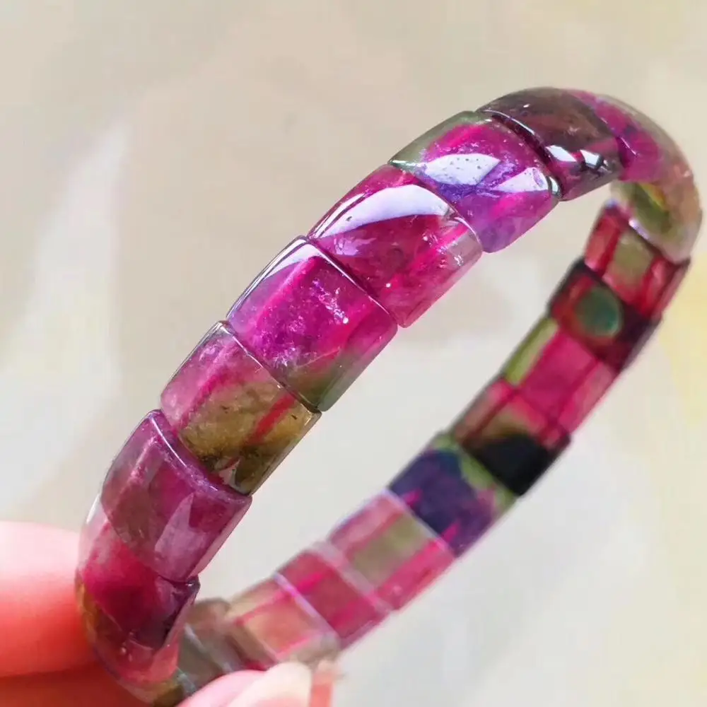 

Natural Brazil Rainbow Tourmaline Crystal Bracelet For Women Lady 9.3x8.2x2.8mm Clear Rectangle Beads Bangle Bracelet AAAAA