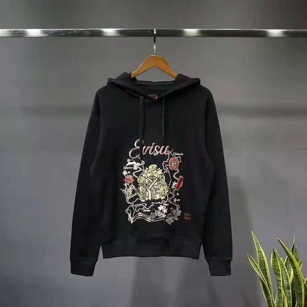 Осенне-зимний мужской Повседневный свитер с капюшоном Evisu теплая дышащая модная одежда для любителей рыбалки с длинными рукавами и вышивкой
