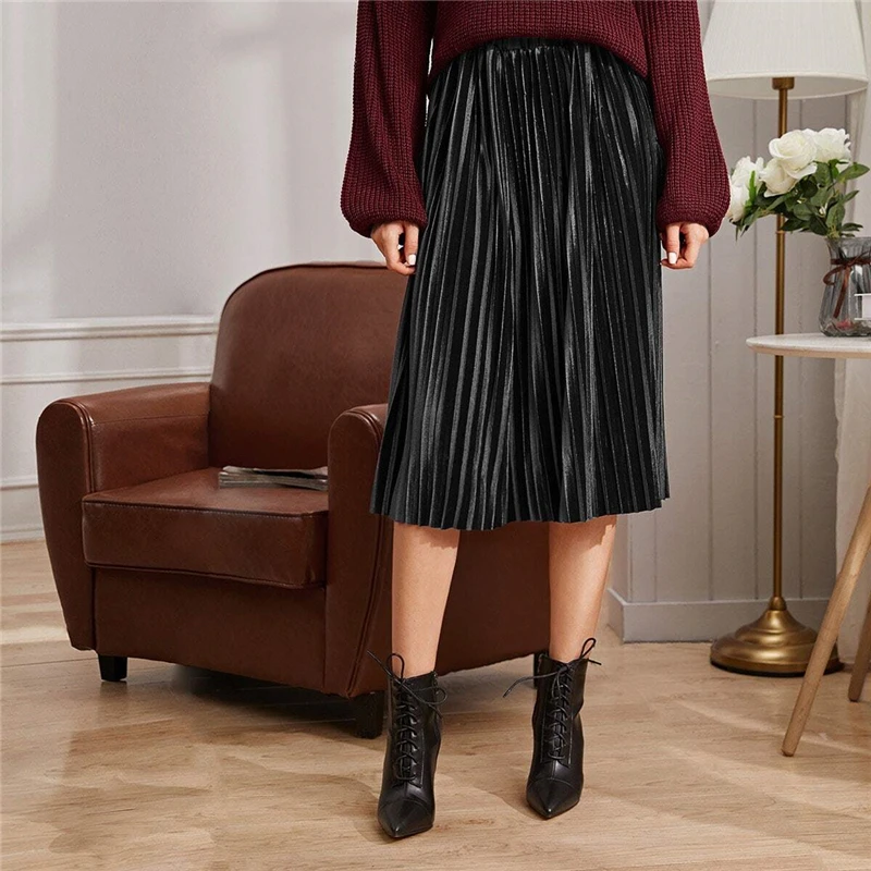 SHEIN однотонная плиссированная бархатная Гламурная юбка женская нижняя часть зимняя уличная Высокая талия Осенняя Элегантная Дамская базовая юбка миди
