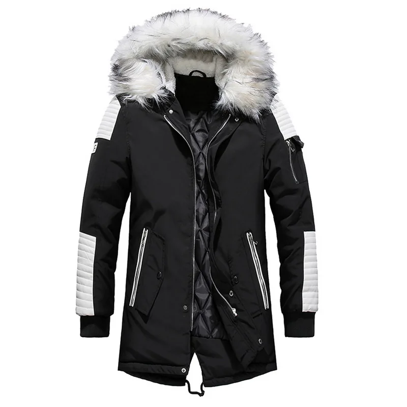 Новинка, Брендовые мужские зимние парки, утолщенные теплые парки, повседневные длинные пальто с меховым капюшоном, повседневные куртки, пальто - Цвет: Black and White