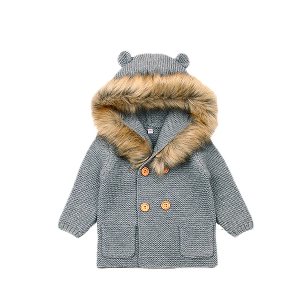 Зимний модный свитер для малышей; Осенняя вязаная куртка с капюшоном для новорожденных; Детский костюм с длинными рукавами и рисунком медведя