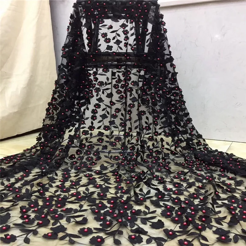2020 black African Beaded Tulle Lace Fabric 3D Flower High Quality Material Net French Embroidery Nigeria | Дом и сад