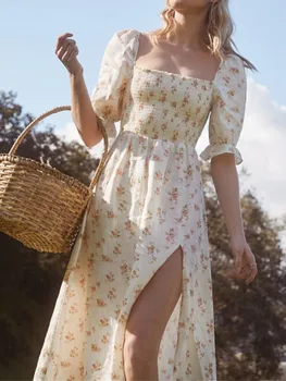 

Linen Floral Print Women's Split Midi Dress Square Collar Puff Sleeve Summer Holiday Waist Slim Pleated Dresses 2020 New